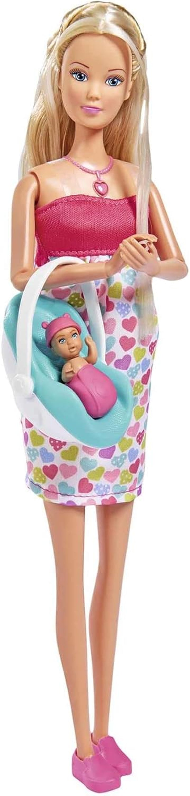 Simba 105733480 - Mochila Bebé Steffi Love, Muñeca Embarazada con Bebé y Grandes Sonidos, Accesorios Bebé y Portabebé, Rosa Naty Shop Muñecas Individuales