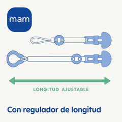 Suzetă MAM, adaptabilă la toate tipurile de suzete, inele de dentiție și jucării, lungime reglabilă, inclusiv husă pentru tetină, lavabilă, albastră, 1 bucată
