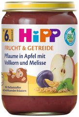 HiPP Ciruelas Ecológicas en Crema de Manzana con Cereales Integrales y Melisa (6 x 190g), a partir de 6 meses, con cereales integrales ecológicos y hierbas beneficiosas, solo dulzor natural de fruta, de la mejor calidad ecológica
