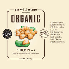 Eat Wholesome Garbanzos Orgánicos, 400 g (Paquete de 12) - Cocidos en Agua, Sin Sal Añadida, 100% Naturales, Fuente de Proteínas, Vegano, Forro Sin BPA y Envase Neutro de CO2