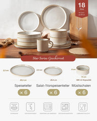 Set de veselă Star cu 18 piese, set de veselă pentru 6 persoane, set de veselă din gresie, rezistent la zgârieturi, potrivit pentru cuptorul cu microunde și mașina de spălat vase, alb cappuccino