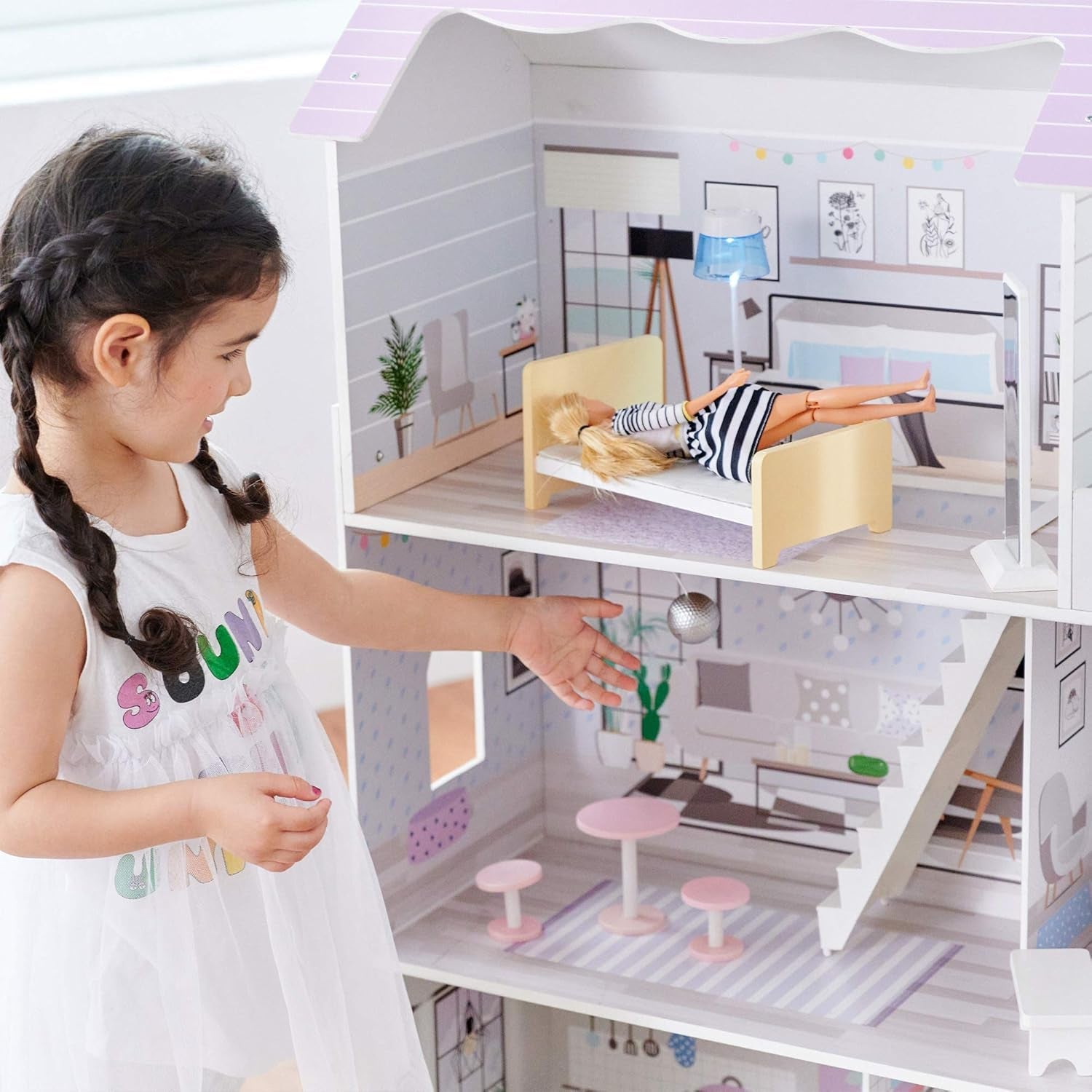 Teamson Kids Olivias Little World Giant Doll House cu 16 accesorii pentru păpuși, casă de păpuși din lemn cu mobilier, cu 3 etaje, casă de păpuși pentru copii pentru păpuși de 12 inci/30 cm, vârsta 3 ani+ Casute de papusi Naty Shop