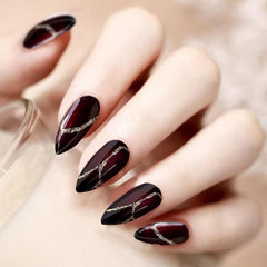 24 de bucăți de unghii artificiale roșii și negre, unghii artificiale pentru lipit, unghii false cu lipici de unghii, vârfuri de unghii în formă de migdală, unghii artificiale cu acoperire completă, set de unghii prin presare, unghii false roșii și negre