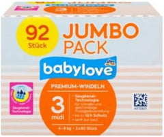 Pañales Babylove Premium talla 3 Midi 4-9 kg, paquete de 92, paquete XL
