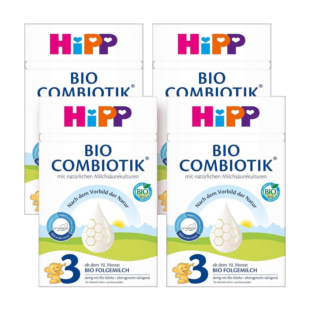 HiPP 3 Organic Combiotik (4 x 600g), leche de continuación a partir de 10 meses, con cultivos naturales de ácido láctico, vitaminas C y D, GOS, Omega-3 (DHA, ALA), de la mejor calidad biológica