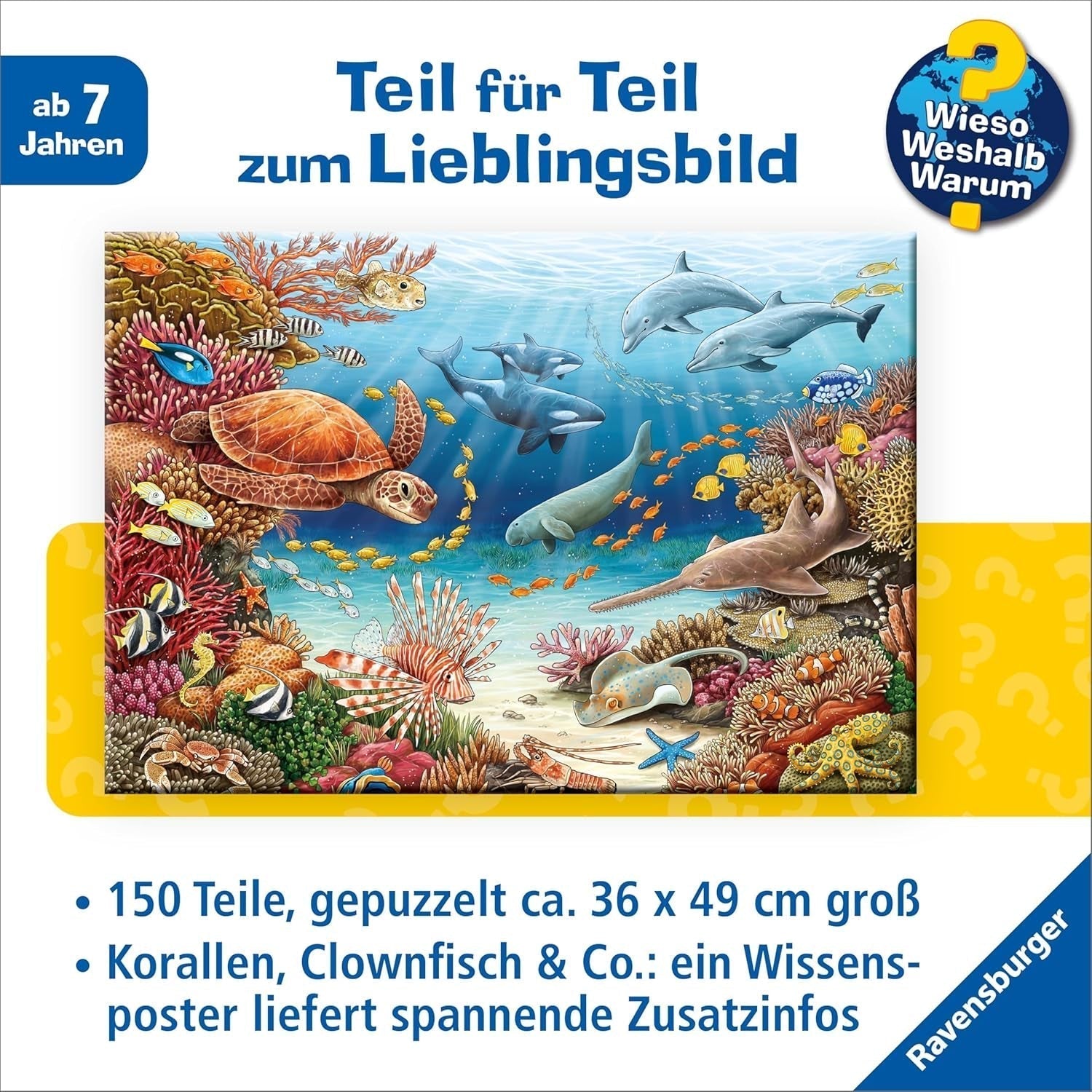 Ravensburger children's puzzle 13411 - Creaturi marine pe reciful de corali - De ce? De ce? De ce? Puzzle 150 piese XXL + poster de cunoștințe, pentru copii de la 7 ani Puzzle Naty Shop