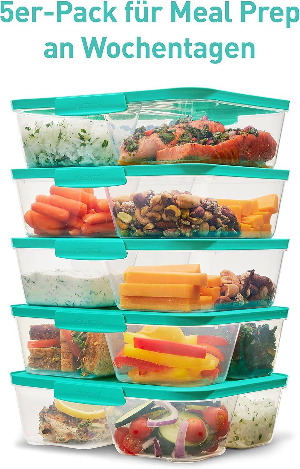 Sistema Nest IT containere pentru depozitarea alimentelor Meal Prep Boxes | 1,9 litri containere de depozitare etanșe cu TREI compartimente și capace | BPA-Free | Verde | 5 bucăți Cutii depozitare alimente Naty Shop
