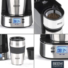 Espressor cu filtru unic BEEM THERMO 2 GO cu cană termică de 0,4 l | Filtru permanent | Cu cronometru de 24 de ore pentru o ceașcă de cafea fierbinte dimineața, fără așteptare | 750 W
