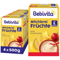 Papilla de leche con frutas (4x500g), a partir de 5 meses, sin azúcares añadidos, con valiosos minerales y vitaminas, muy saciante