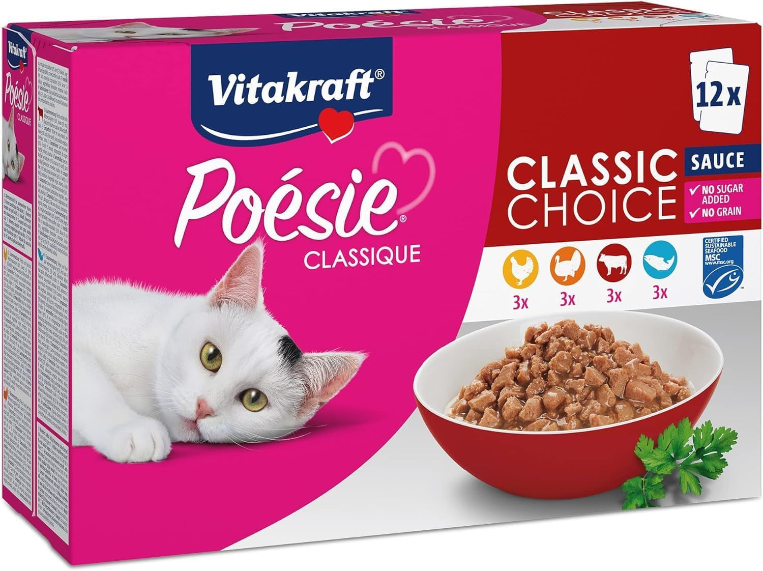Vitakraft Poésie Classique, hrană umedă pentru pisici, hrană umedă în sos, cu pui, cu curcan, cu vită, cu somon, fără adaos de zahăr și cereale (1 pachet de 12X 85G)