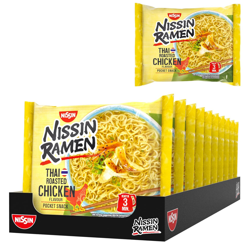 Nissin Ramen - Pollo al horno tailandés, paquete de 10 fideos instantáneos estilo asiático, receta tailandesa, comida asiática rápida y fácil (10 x 65 g)