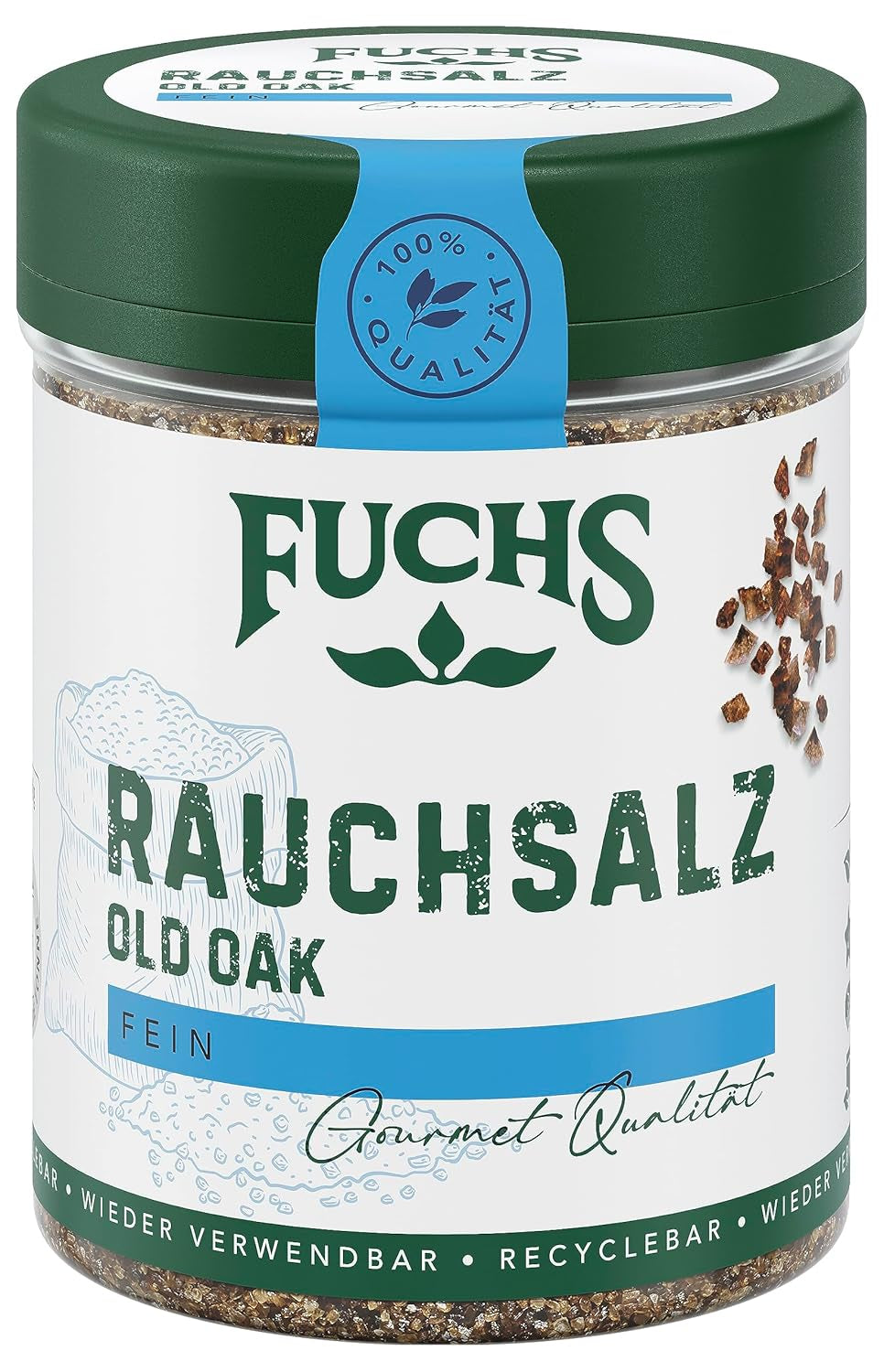 Fuchs Gewürze - Rauchsalz "Old Oak" - über Eichenholz geräuchert, rauchiger Gesmack für Grillfleisch oder Fisch - natürliche Ingrediente - 100 g en wiederverwendbarer, recyclebarer Dosis