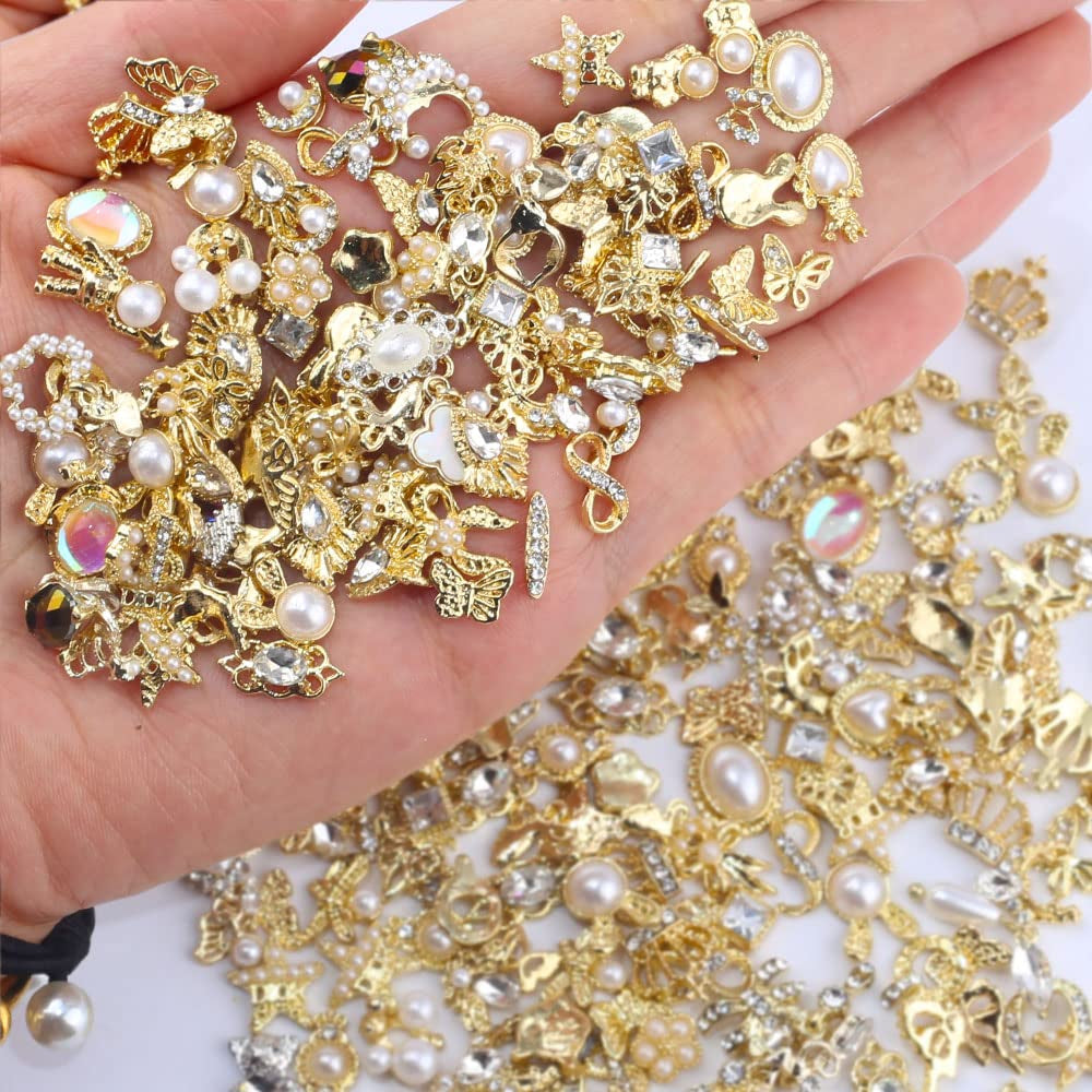 50 Stück Gold Nail Charms,Mix Styles Glitzersteine Nägel Perle Legierung Nagel Steine Blume Schmetterling Strasssteine Nägel Herz Stern Nagel Charms DIY Nail Art Zubehör Frauen Nägel Deko