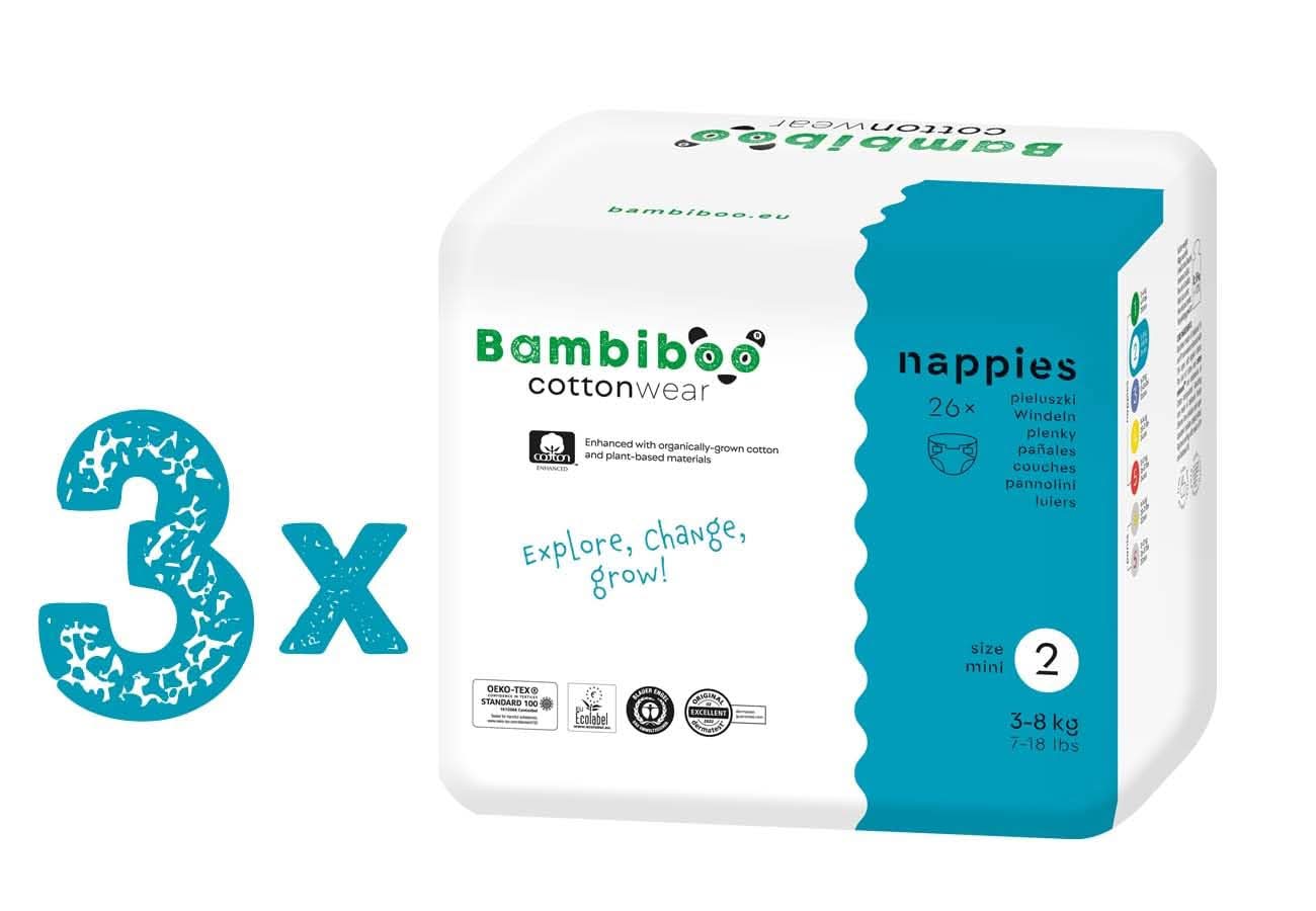 Bambiboo Scutece pentru copii - COTTONWEAR - Scutece de unică folosință pentru copii din bumbac organic și țesături pe bază de plante cu buric decupat Mama si Copilul Naty Shop Scutece, mărimea 2, 78 bucăți