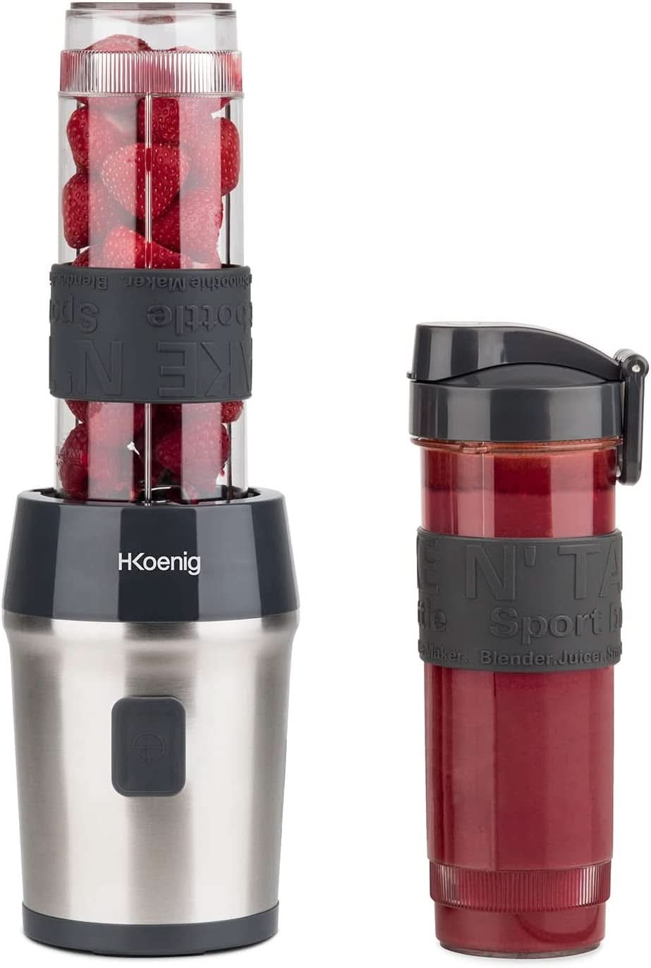 H.Koenig Smoothie Maker SMOO9 - Mini Batidora De Pie - Mini Batidora - 300 Watt - 570 Ml - Edelstahl - 2 Kunststoffflaschen - Bpa-Frei, Grau Kitchen Naty Shop Grau