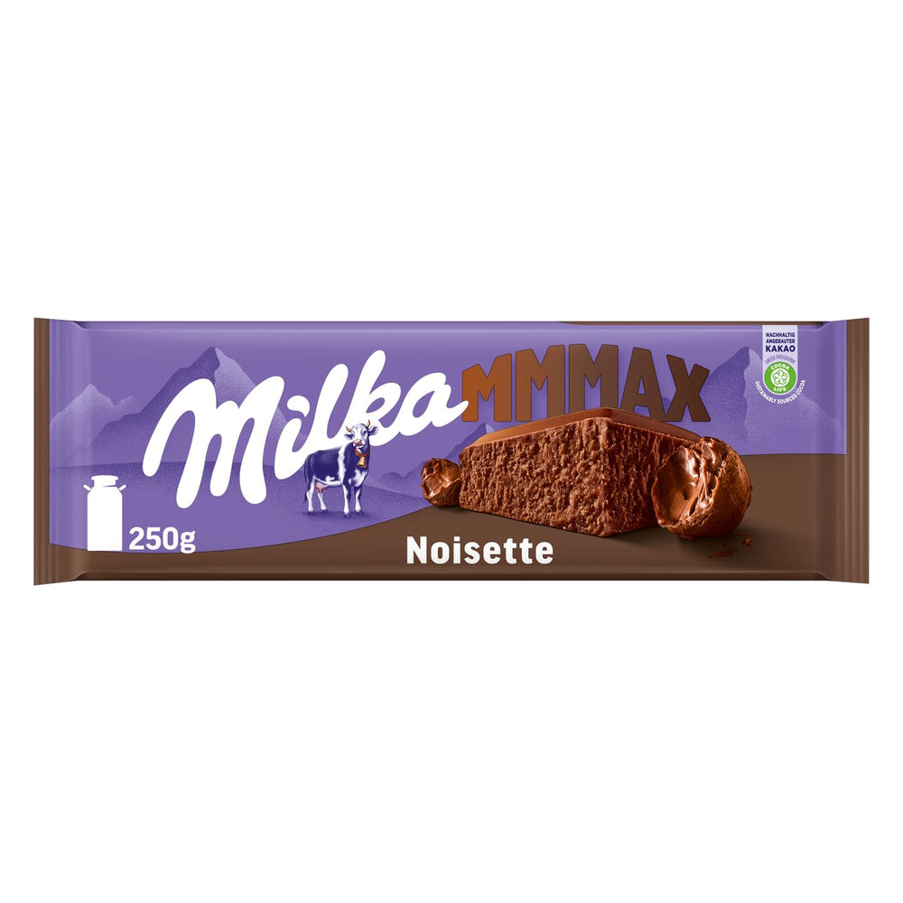 Milka MMMAX Noisette – Chocolate con leche alpino con un delicado y cremoso relleno de avellanas – 250g