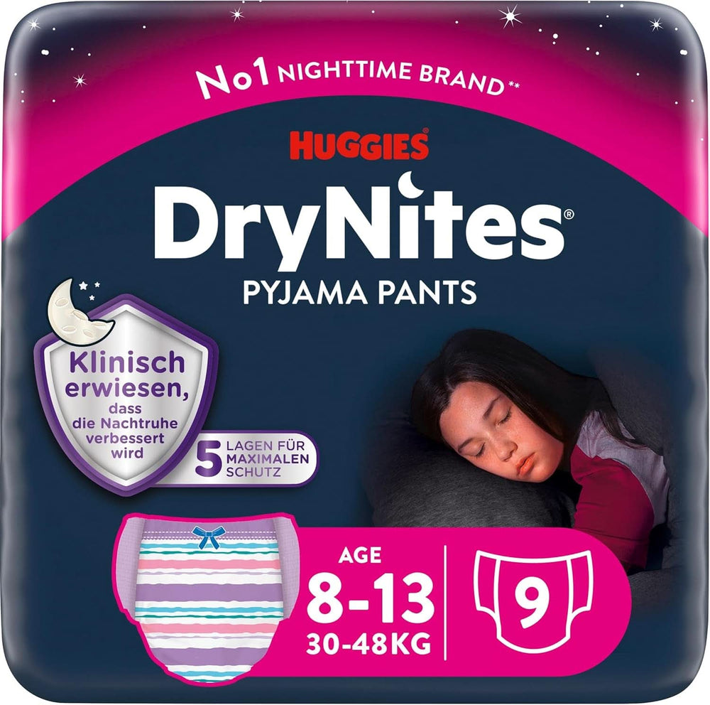 Huggies Pañales de noche Drynites, Para niñas de 8 a 13 años (30-48 kg), Muy absorbentes, 9 unidades Madre e Hijo Naty Shop