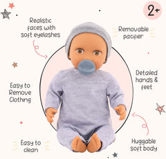 LullaBaby - Muñeco de bebé - Einteiler & Mütze - Muñeco de bebé realista de 36 cm - Ojos marrones avellana y cuerpo suave - Pelele y Schnuller-Zubehör - Juegos de simulación - Kinder 2 Jahre +