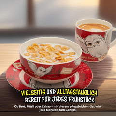 Set de veselă Harry Potter, 3 piese, roșu, set de mic dejun din porțelan cu farfurie Ø 19 cm, cană 220 ml și bol 330 ml, set de veselă