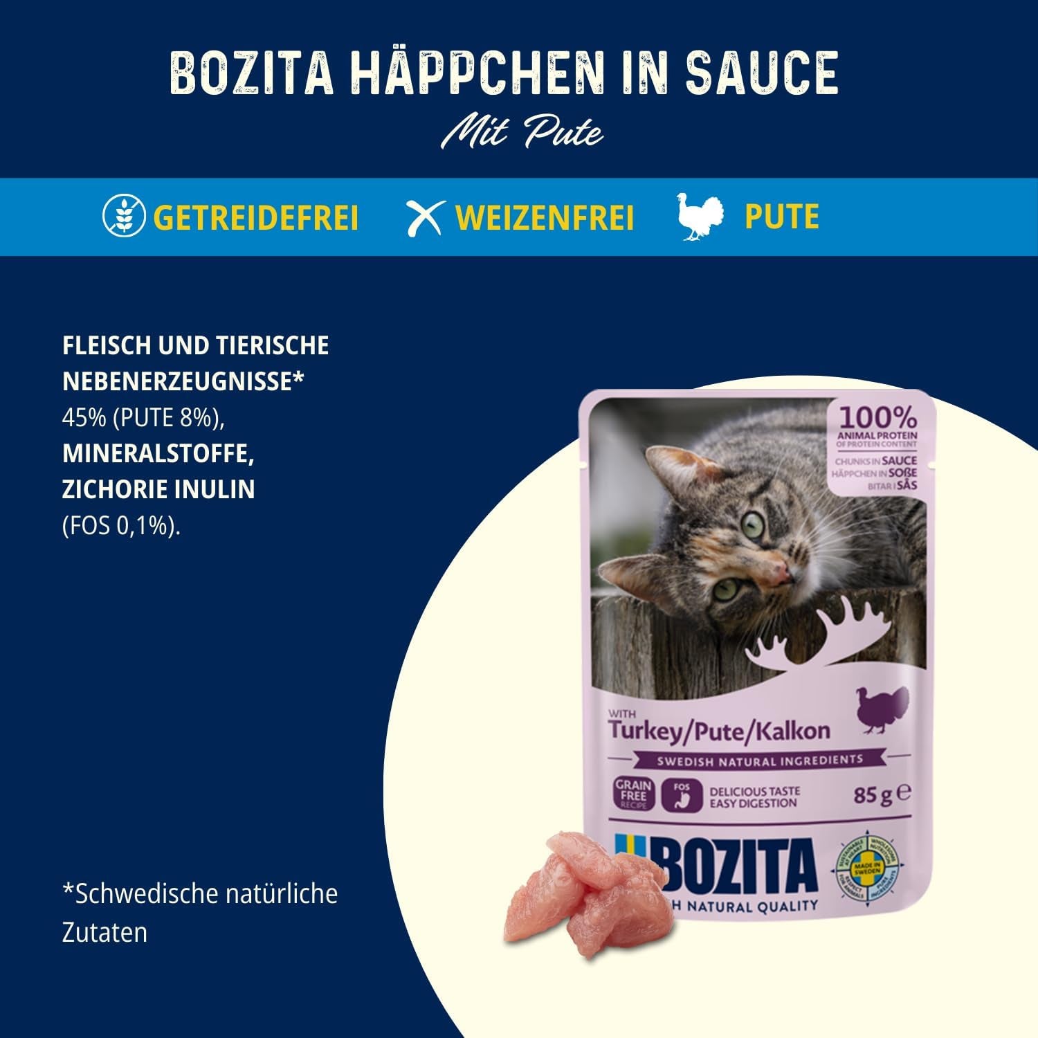 Bozita Pouch Mărunțișuri de hrană umedă în sos cu curcan - 12X85G Portion Pouch Hrană fără cereale și fără grâu pentru pisici - Hrană umedă pentru pisici adulte cu un conținut de 8,5% proteine și 4,5% grăsimi