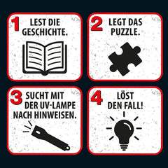 The Three ??? - Crime Puzzle - The Villa of the Puzzles By KOSMOS 697976, 300 piese, Strălucește în întuneric, Cu lampă UV, Citire, Puzzle, Rezolvarea puzzle-urilor, Puzzle detectiv De la 10 ani Puzzle Naty Shop