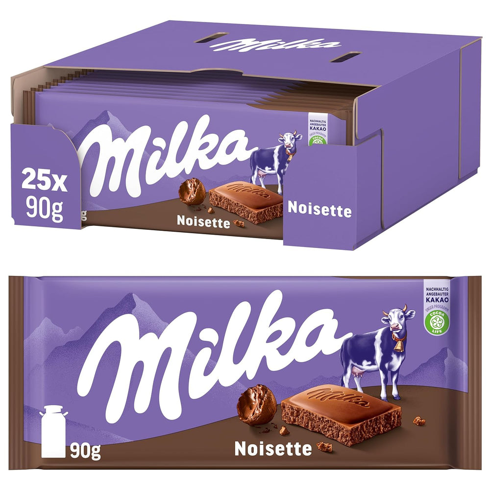 Milka Noisette – Chocolate con leche alpino con relleno delicado y cremoso de avellanas – 25 x 90 g