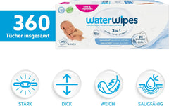 WaterWipes Sensitive+ Toallitas húmedas para recién nacidos y bebés, 360 piezas (paquete de 6), limpieza, cuidado, protección 3 en 1, 99,9% agua, sin fragancia