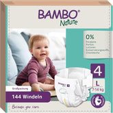 Pañales Bambo Nature para Bebé, Talla 4 (7-14 kg), 144 uds, Caja Mensual | Pañales Premium con protección mejorada contra fugas | Máxima comodidad y libertad para niños activos | Pañales testados dermatológicamente