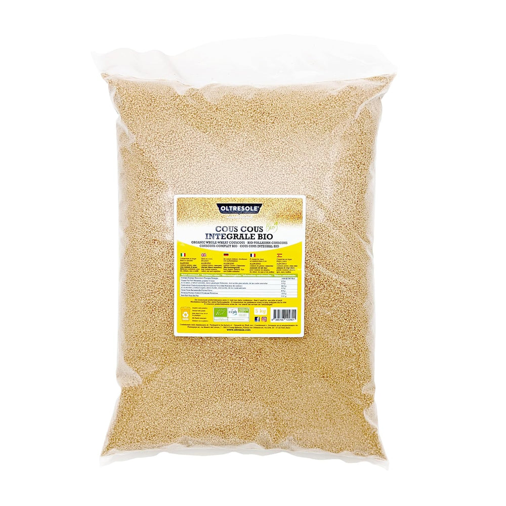 Cuscús integral ecológico 5 kg, harina integral de trigo duro ecológico, ideal para aperitivos y guarniciones saludables, tamaño práctico