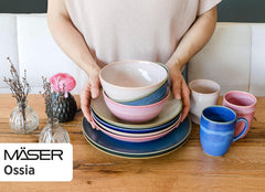 MÄSER 931734 Ossia, Teller-Set für 6 Personen im mediterranen Vintage-Look, 12-teiliges modernes Tafelservice mit Suppentellern und Speisetellern in sandigem Grau, Keramik, Sandgrau