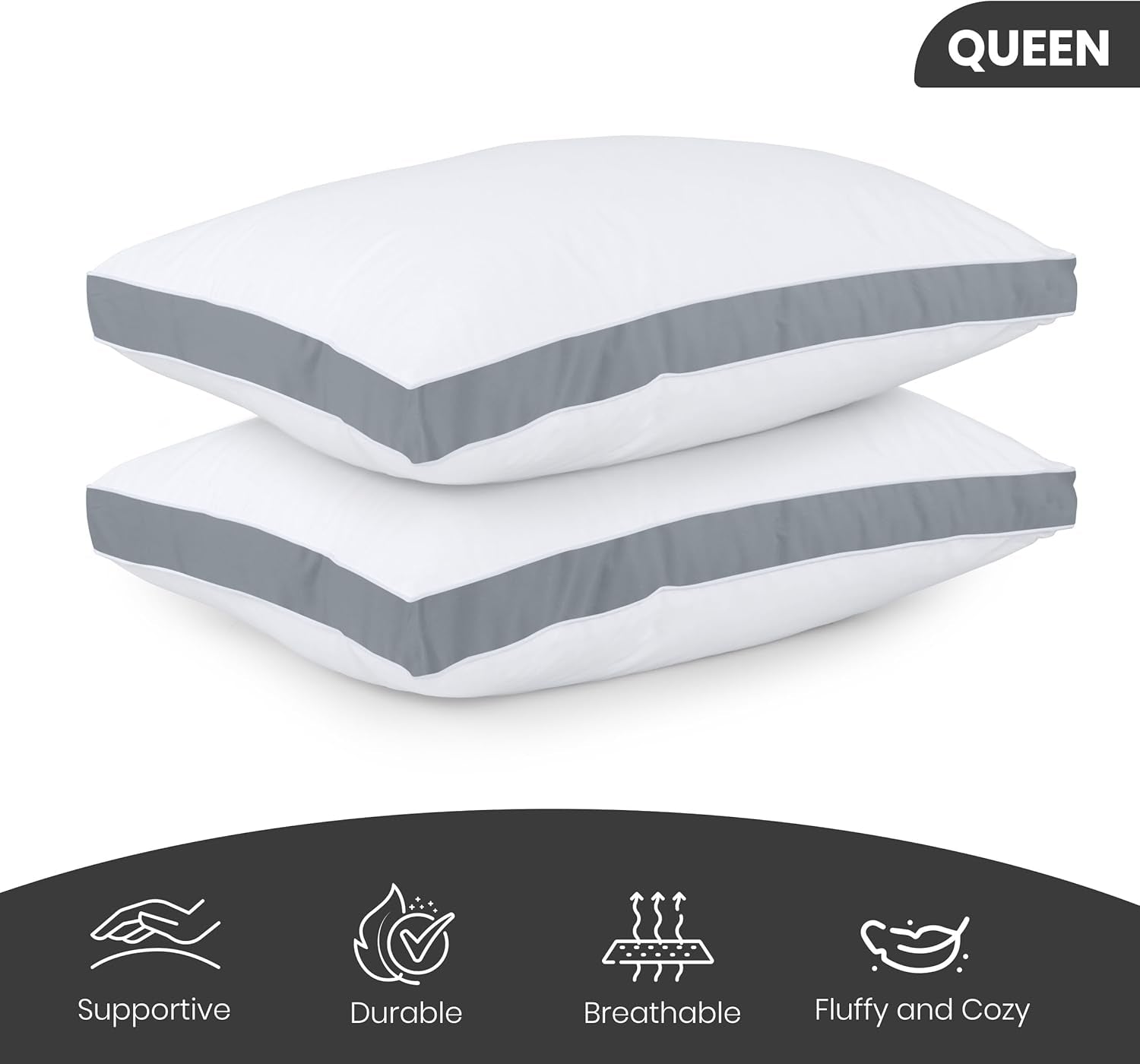 Utopia Bedding pernă pentru dormit lateral (pachet de 2), pernă de pat de înaltă calitate, pentru dormit lateral, cu burduf gri, dimensiune regină, 45,7 X 66 cm (UB760-2) Perne standard Naty Shop