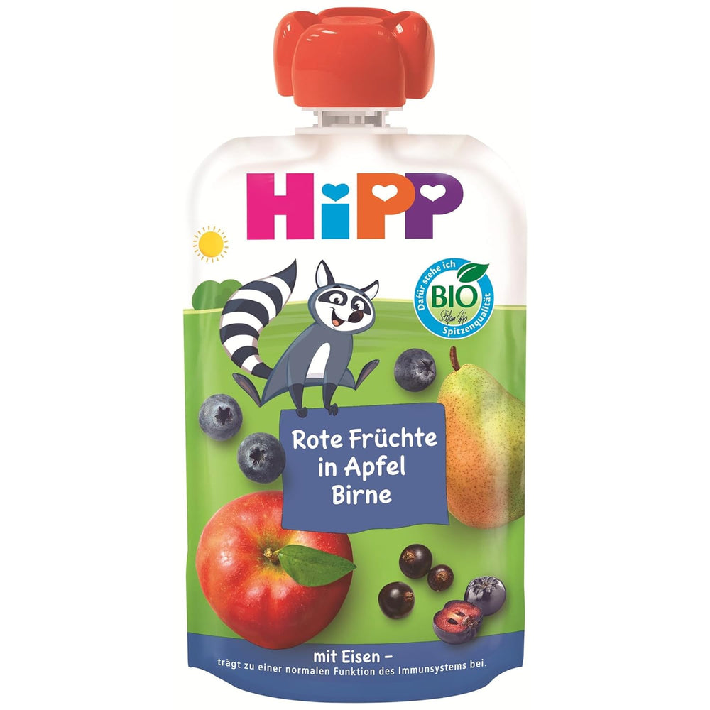 HiPP Bio Quetschie Frucht Plus Rote Früchte in Apfel Birne plus Eisen - Willi Waschbär (8 x 100 g), ab 1 Jahr, 100% Fruchtpüree, ohne Zuckerzusatz, vegano, en la mejor calidad biológica