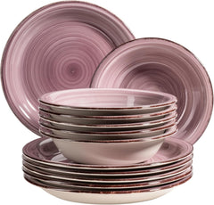 MÄSER 931951 Bel Tempo II, set de veselă pentru 6 persoane cu aspect vintage modern, serviciu de cină cu 12 piese, pictat manual în nuanța violet Berry, ceramică