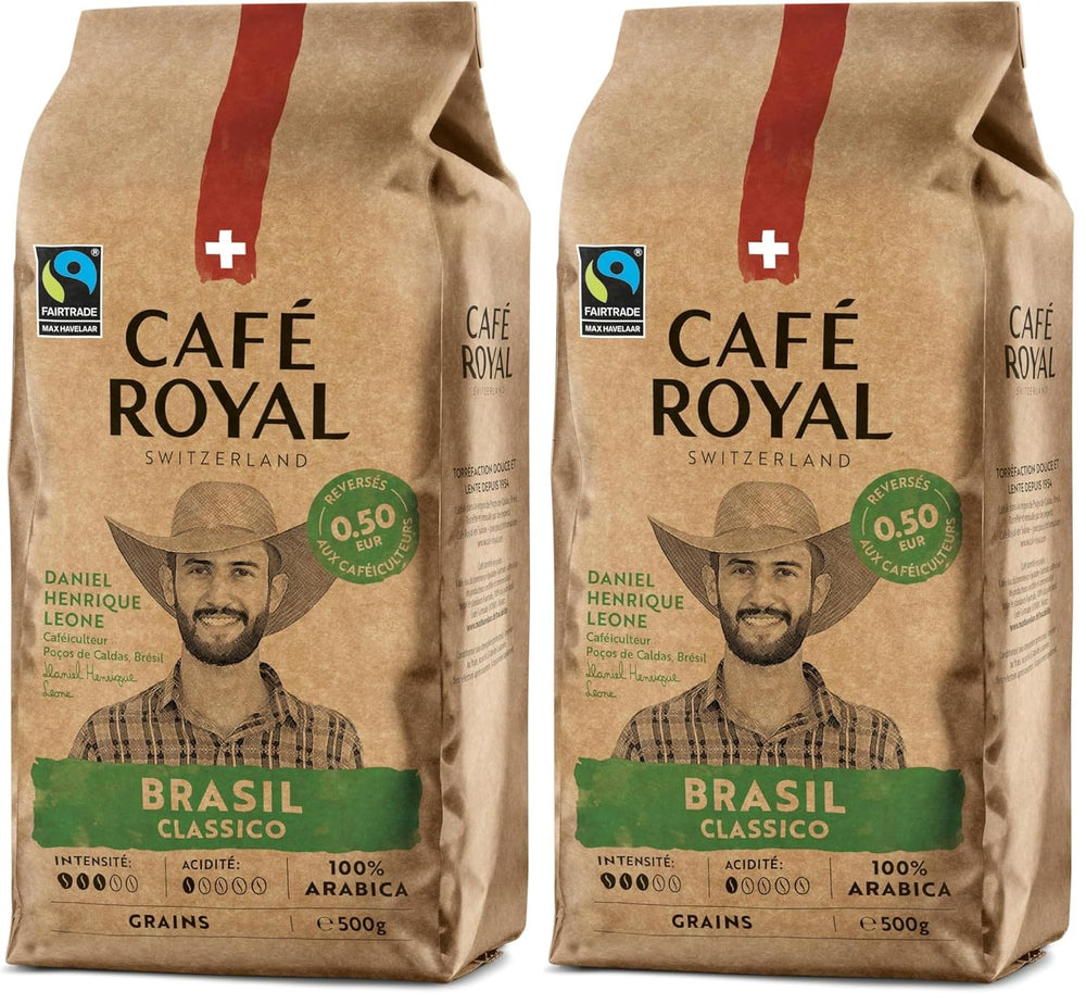 Café Royal Crema Classico Brasil – boabe de cafea 100% Arabica, echilibrate și aromate, prăjire medie, tărie 3/5, Fairtrade, 500g boabe întregi (pachet de 2)