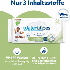 WaterWipes Sensitive+ Toallitas húmedas para bebés y niños pequeños, 720 unidades (paquete de 12), limpieza, cuidado, protección 3 en 1, 99,9% agua, limpieza texturizada, sin fragancia