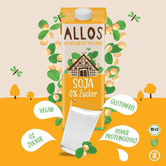 Allos Bio Sojadrink sin Zucker | Milchalternative de Soja | Bebida de soja | Bebida auf Pflanzenbasis | bebida vegana | ohne zugesetzten Zucker | vegano | sin lactosa | 1 Litro (6 Piezas)