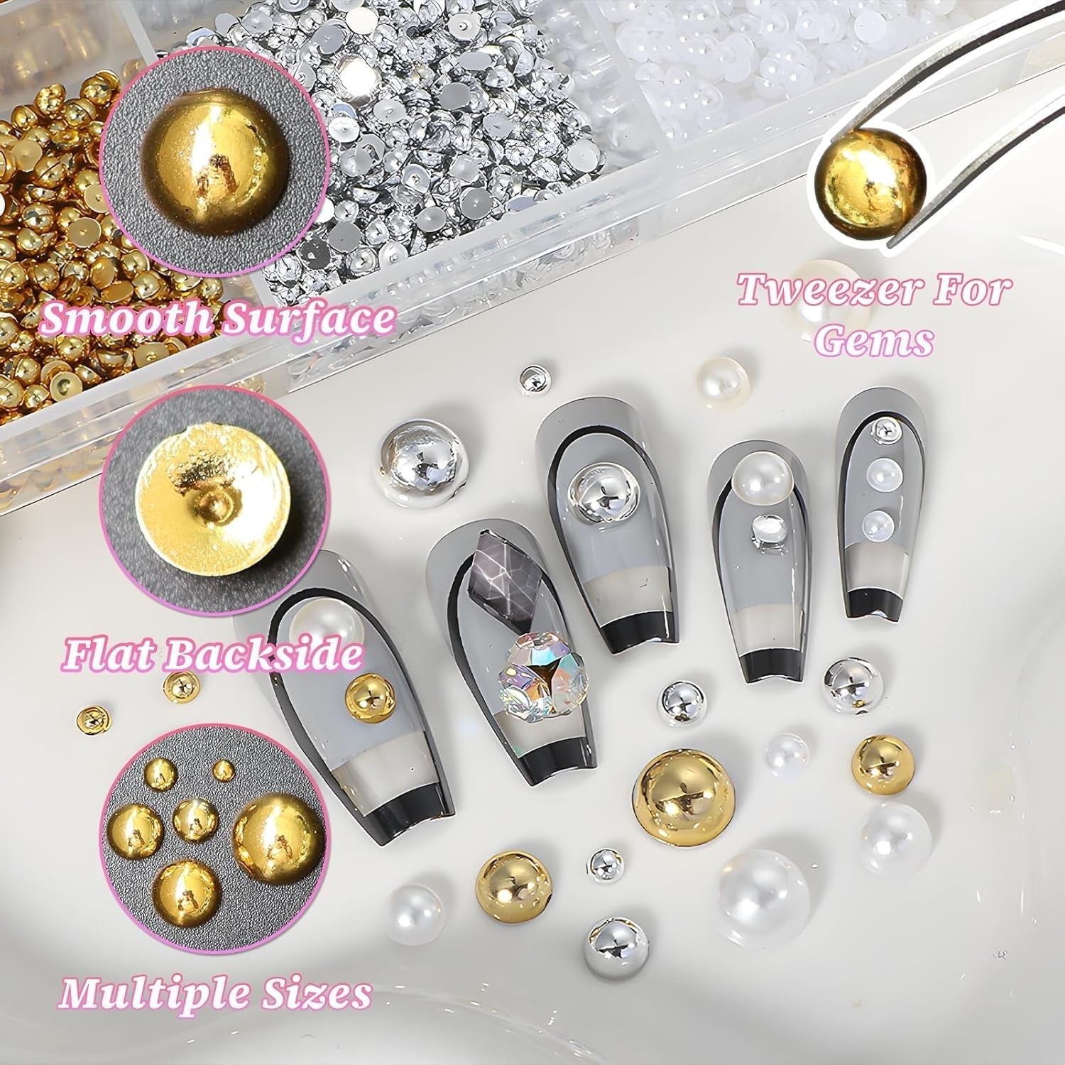 GZMAYUEN 920Pcs Gold Silber Flatback Perlen Für Nägel, Halbrunde Weiße Beige Nail Perlen, Kleine Halbrunde Flatback Perlen Für DIY Nail Art Decor