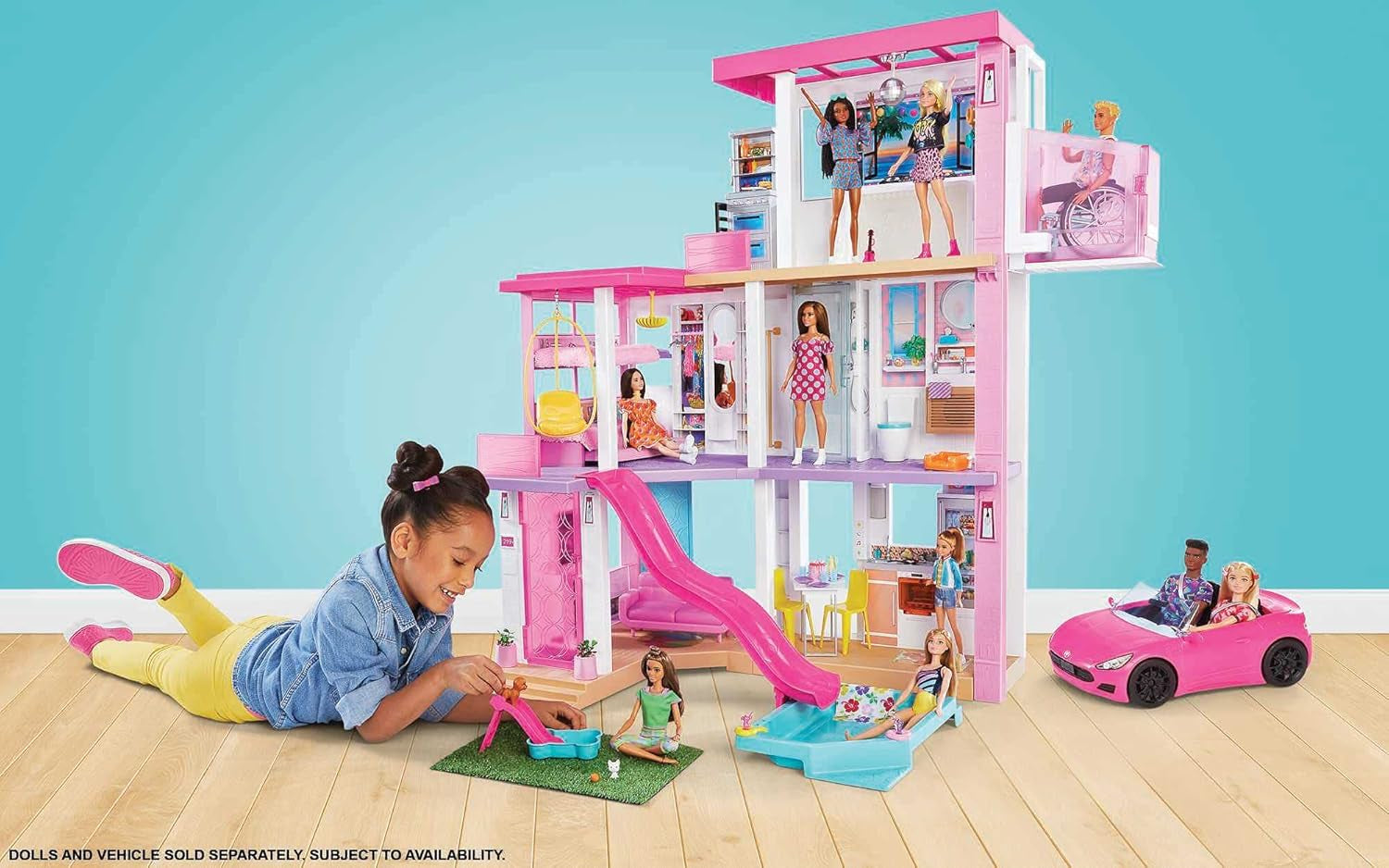 Barbie Dream House (114 Cm), casă de păpuși cu 3 etaje, piscină, tobogan, lift pentru scaun cu rotile, 75 de accesorii, păpuși, Potrivit ca cadou pentru copii cu vârsta de 3 ani și peste, GRG93 Casute de papusi Naty Shop