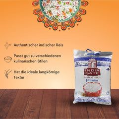 INDIA GATE Arroz Basmati Premium – Arroz fino y aromático de grano largo de la India, grano fino y largo (1 x 5 kg)