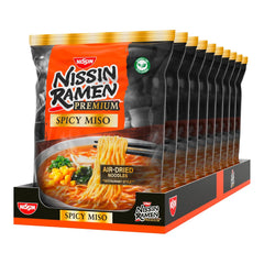 Nissin Ramen Premium - Miso Spicy Paquete de 10 fideos instantáneos secos al aire estilo japonés para ramen 'estilo restaurante' con un sabor ligeramente picante de miso y hojuelas de wakame (10 x 90,7 g)