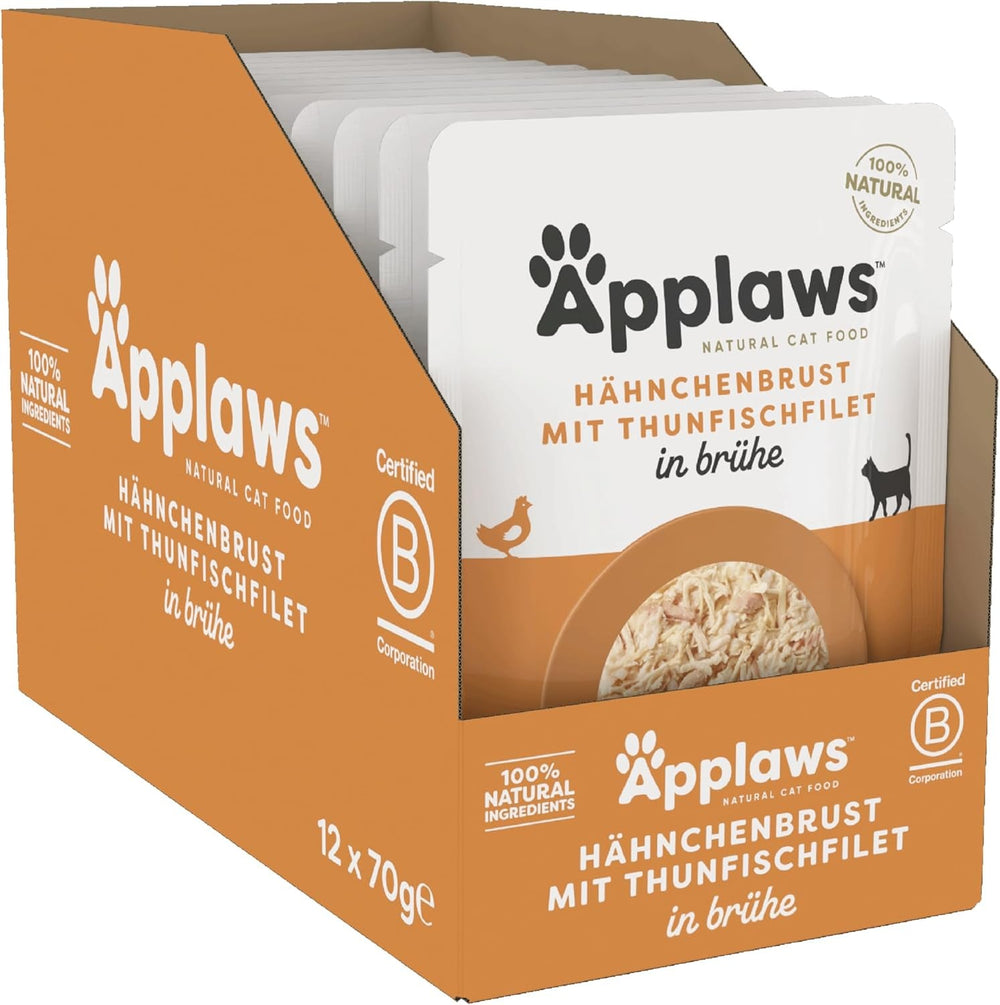 Applaws 100% natürliches Nassfutter für Katzen, Hühnerbrust mit Thunfischfilet in Brühe - Packung mit 12 x 70g Beuteln
