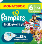 Pañales Pampers Baby-Dry Puppy Patrol Edition, talla 6, 164 pañales, 13 kg - 18 kg, hasta 100% de protección contra fugas y comodidad durante toda la noche