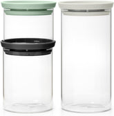 Brabantia - Recipient de sticlă stivuibil cu capac - Set de 3 - Depozitare alimente - Păstrează alimentele proaspete pentru mai mult timp - Sigiliu din silicon - Se spală în mașina de spălat vase - Gri închis/gri deschis/verde jad - 0.3L/0.6L/1.1L Cutii depozitare alimente Naty Shop Titlu implicit
