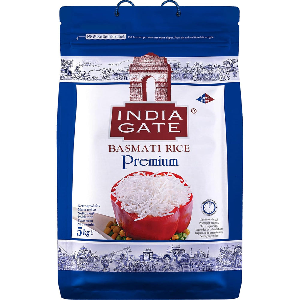 INDIA GATE Arroz Basmati Premium – Arroz fino y aromático de grano largo de la India, grano fino y largo (1 x 5 kg)