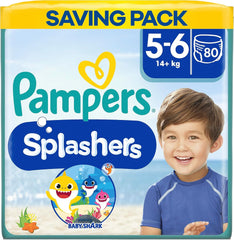 Pampers (versión antigua), pantalones cortos de baño desechables Splashers - Talla 5/6 (más de 14 kg) - Caja de 8 paquetes de 10