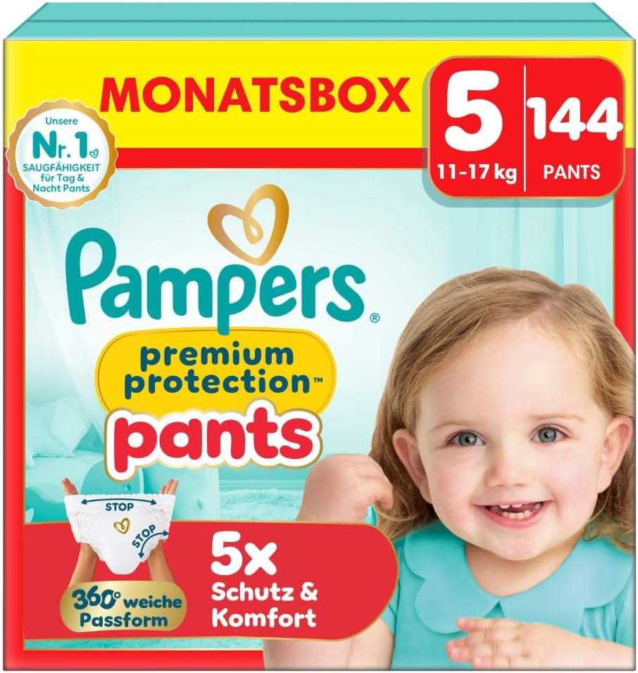 Pampers Premium Protection Pants talla 5, 144 pañales, 11 kg - 17 kg, con ajuste de 360° y puños suaves antifugas para una comodidad y protección óptimas
