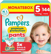 Pampers Premium Protection Pants talla 5, 144 pañales, 11 kg - 17 kg, con ajuste de 360° y puños suaves antifugas para una comodidad y protección óptimas