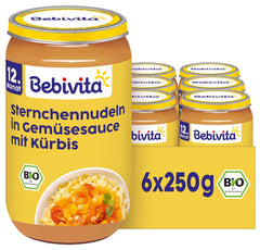 Comidas a partir de 12 meses: Pasta en forma de estrella en salsa de calabaza y verduras, 250 g, pack de 6 (6 x 250 g)