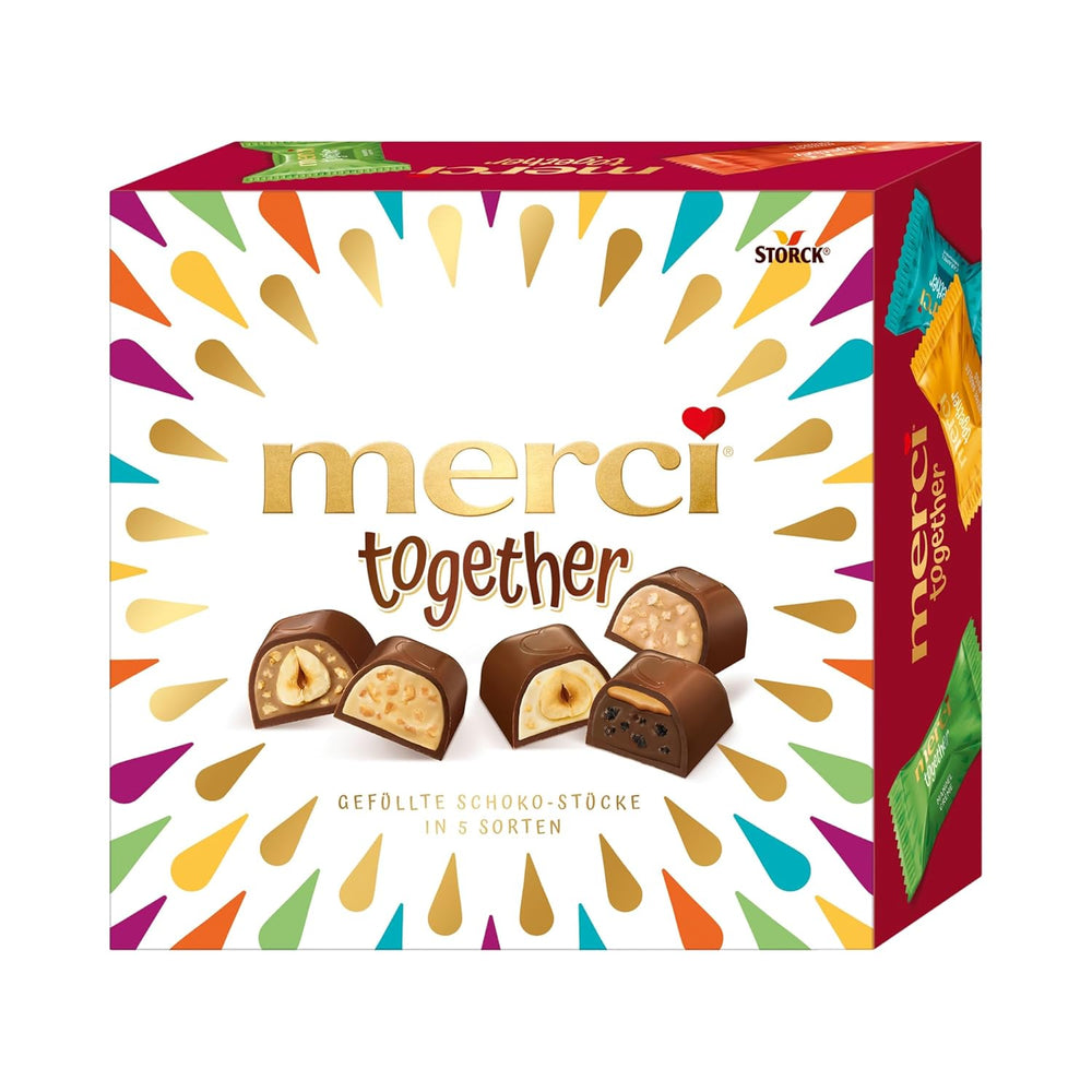 Merci Together - 1 x 175g - Bombones rellenos en cinco variedades con fino chocolate con leche - Bombones de chocolate para compartir y regalar