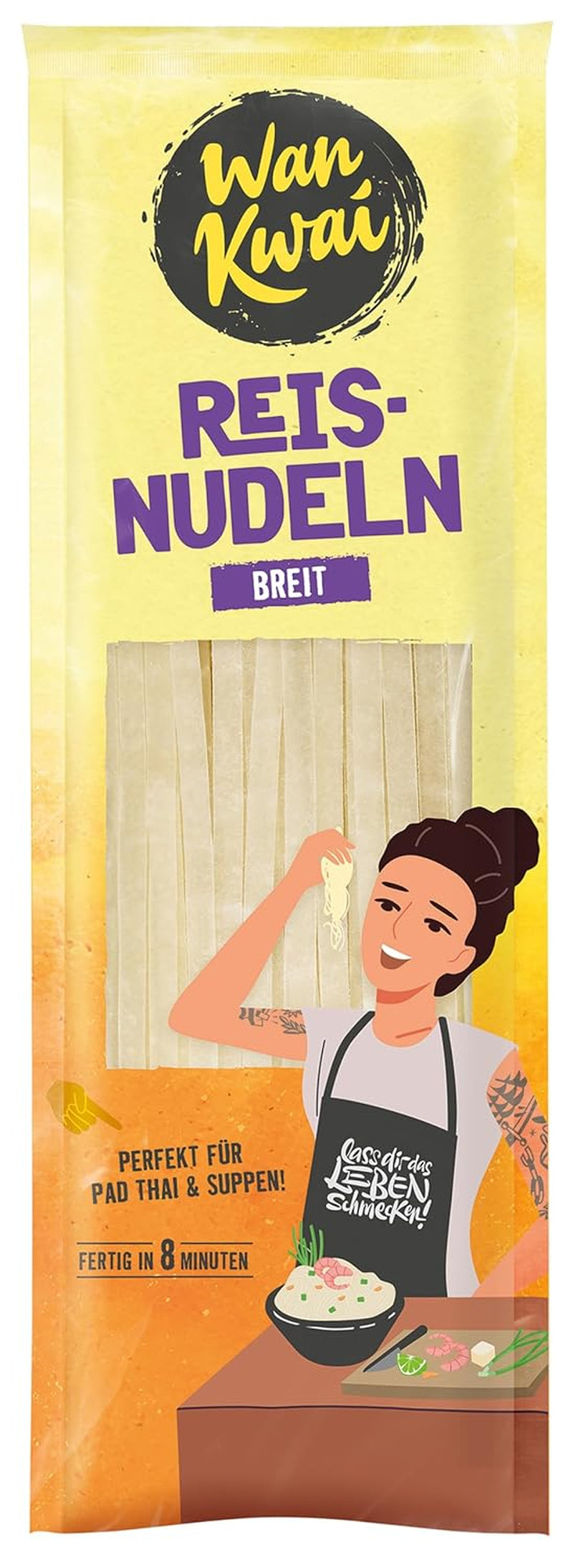 Fideos de arroz anchos Wan Kwai 250 g: variedad auténtica para Pad Thai, sopas y más. Vegano y sin gluten. Listo en 8 minutos.